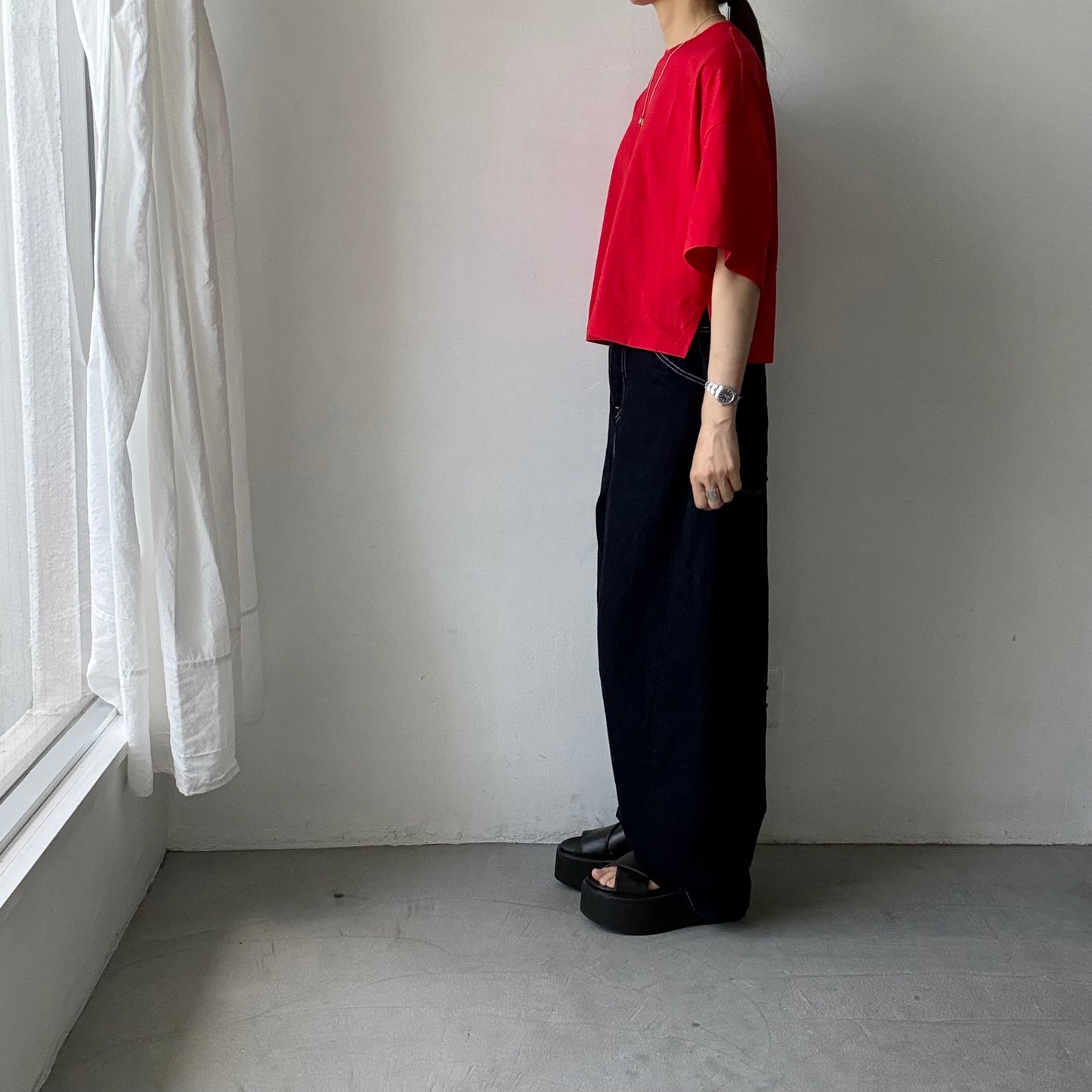 atelier naruse  コットン5分袖カットソー　レッド