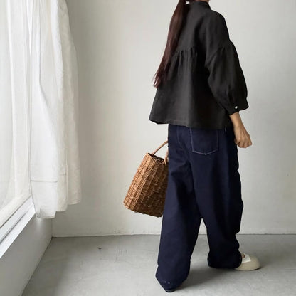 Linenya  リネンスタンドカラーブラウス　ブラック