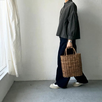 Linenya  長袖スタンドカラーブラウス　チャコール