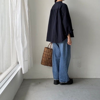 Linenya  リネンコットン千鳥格子バンドカラー長袖シャツ