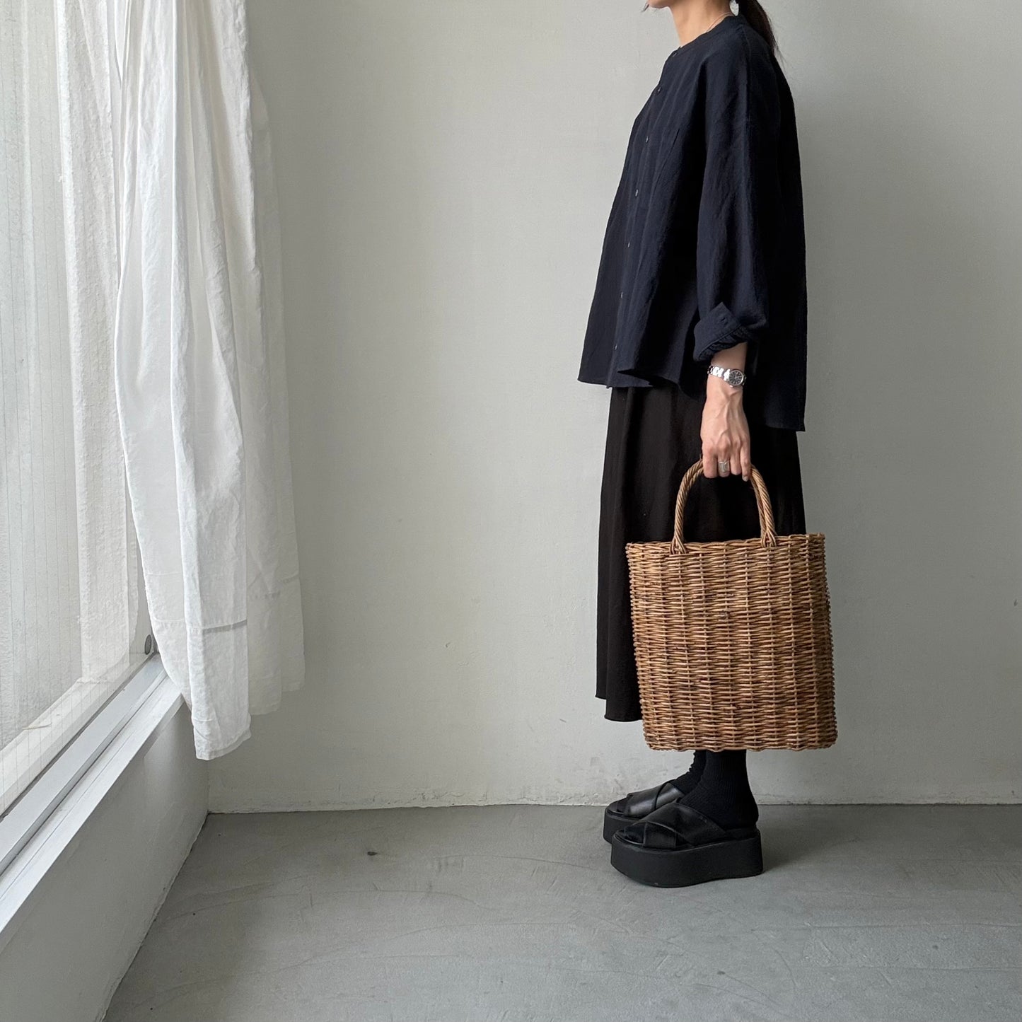 Linenya  リネンコットン千鳥格子バンドカラー長袖シャツ