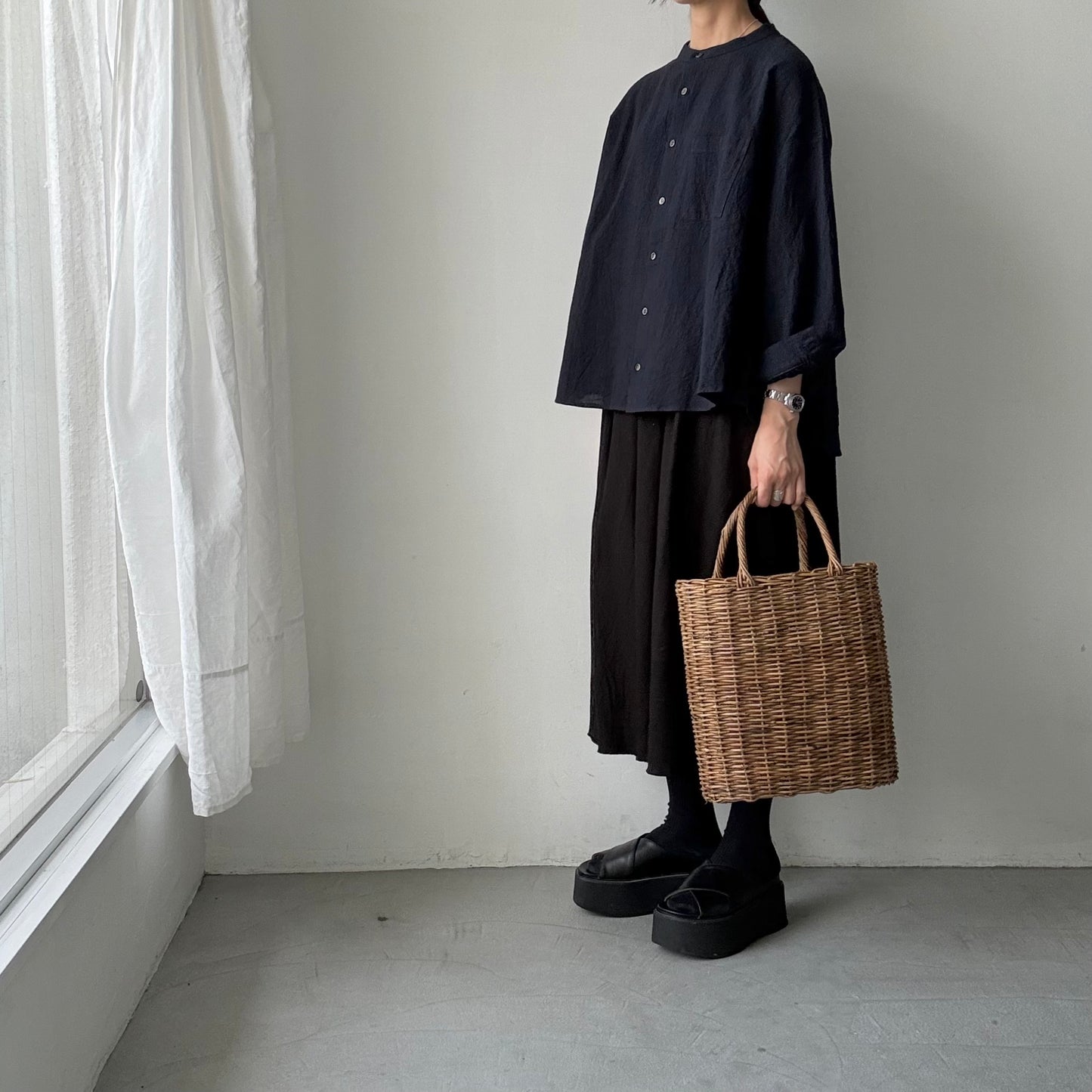 Linenya  リネンコットン千鳥格子バンドカラー長袖シャツ