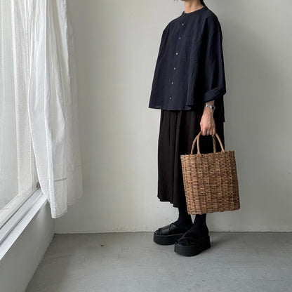 Linenya  リネンコットン千鳥格子バンドカラー長袖シャツ