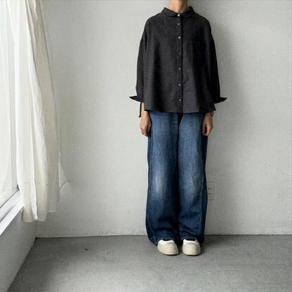 Linenya  コットンヤク丸襟長袖ブラウス　チャコール