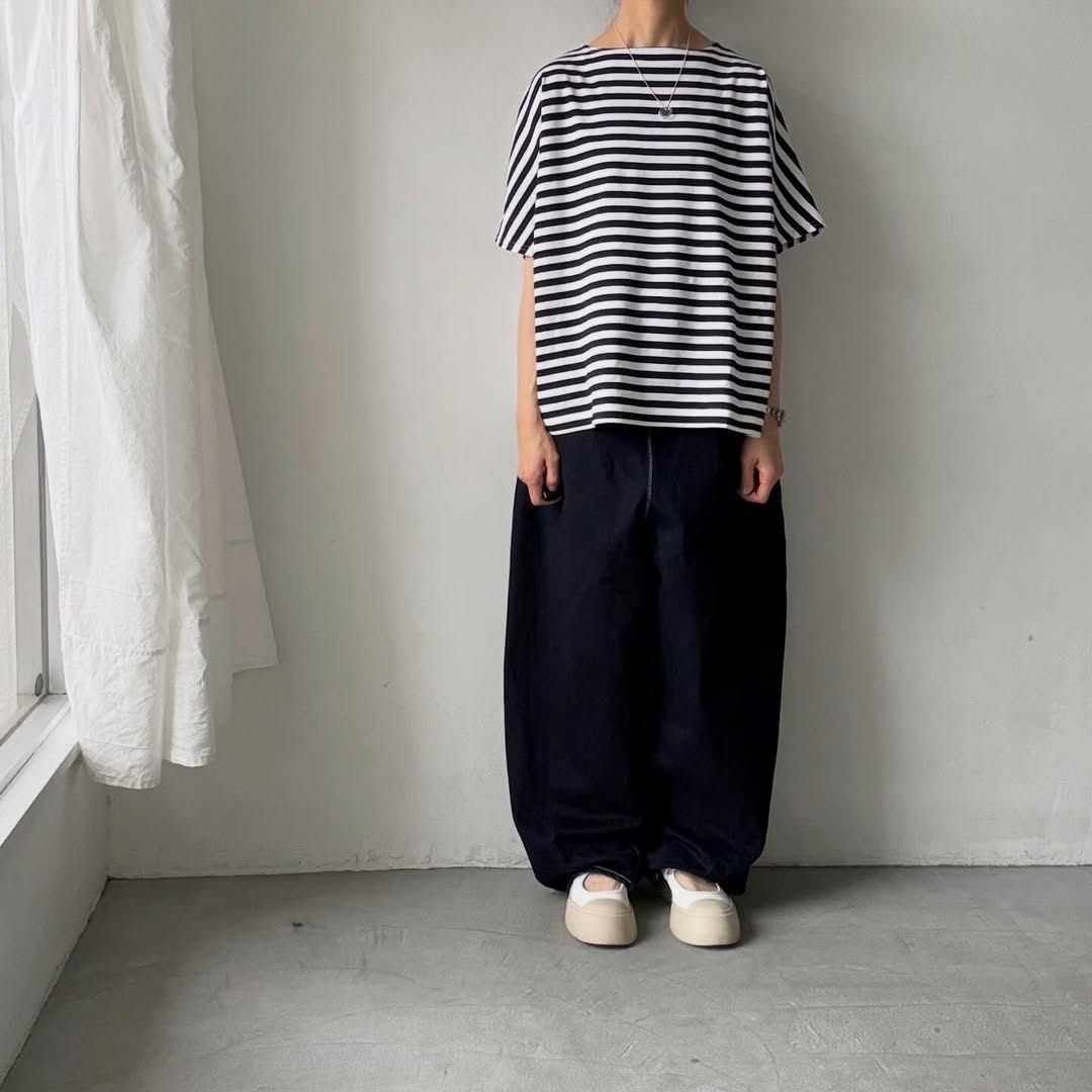 homspun  天竺ボーダー半袖プルオーバー　ホワイト×ブラック