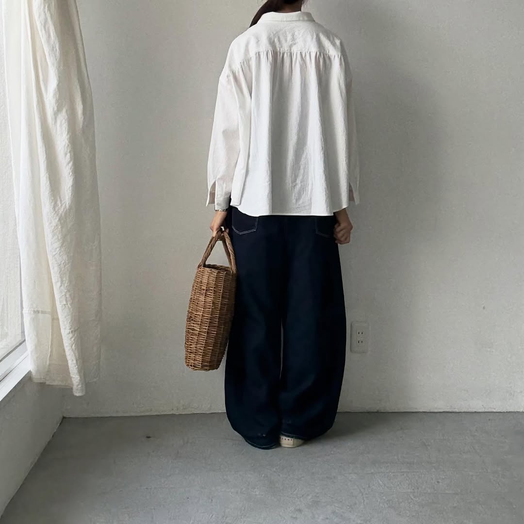 Linenya  コットン丸襟長袖ブラウス　ホワイト