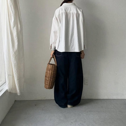 Linenya  コットン丸襟長袖ブラウス　ホワイト