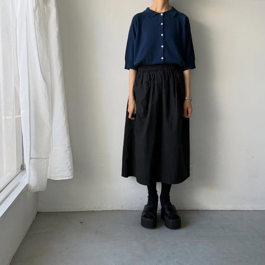 homspun ソフトコンパクトヤーン6分袖ニット襟付きカーディガン　アイアンブルー