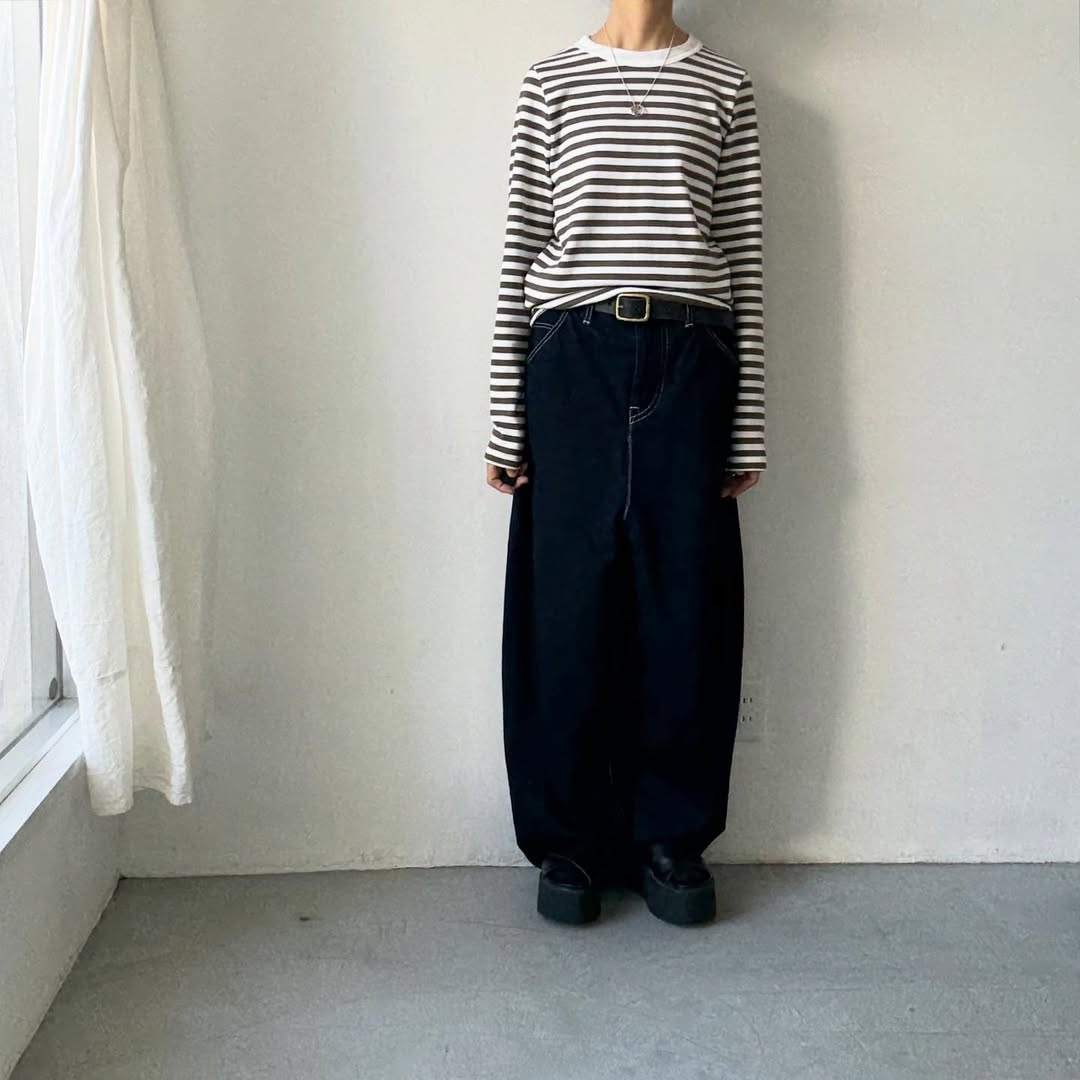 R&D.M.Co 裏起毛ボーダークルーネック長袖Tシャツ　ホワイト×カーキ