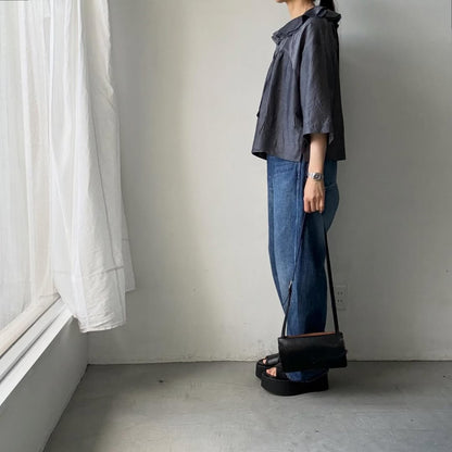 MAGALI コットンシルクブレイドフリルカラーブラウス　グレー