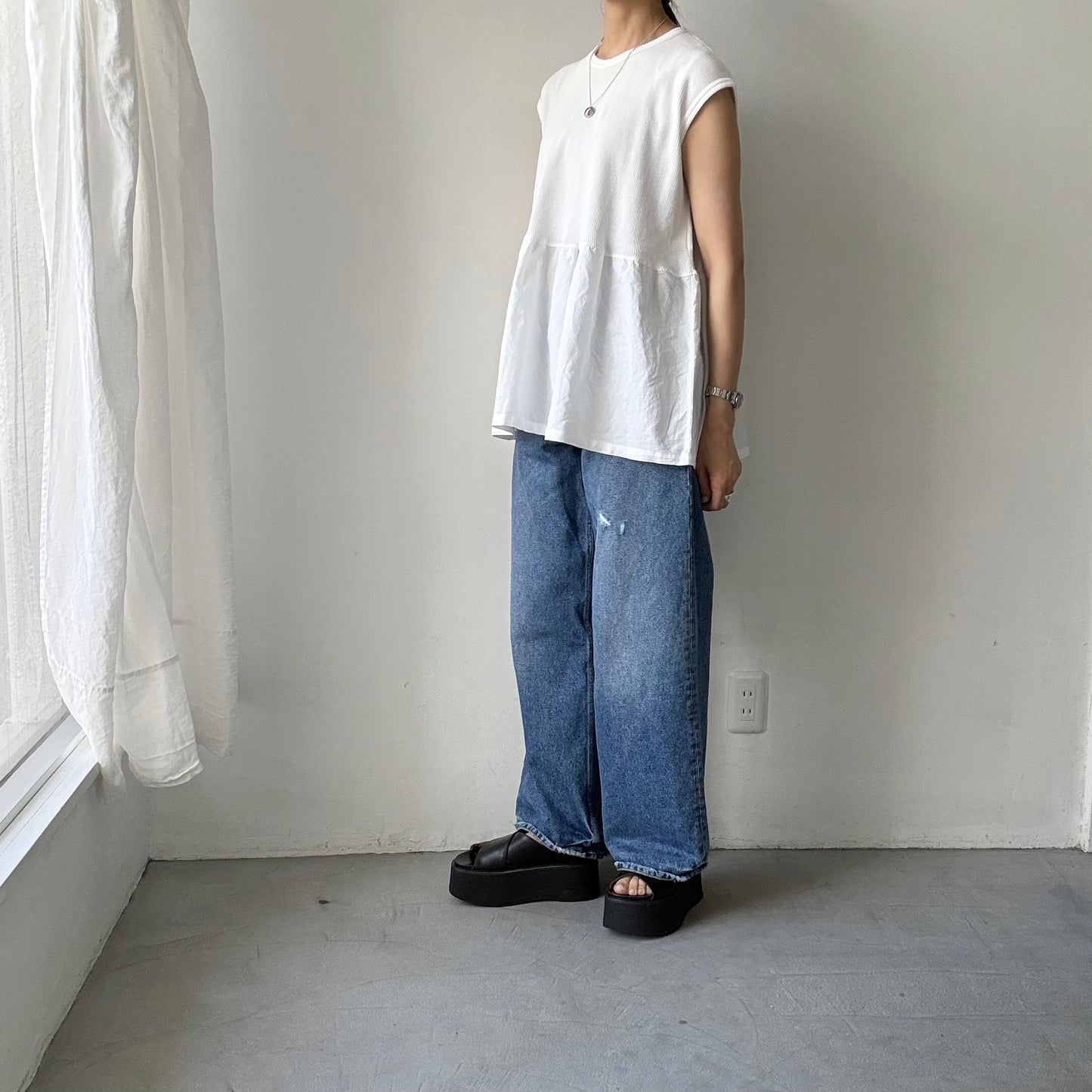 homspun  ワッフルノースリーブプルオーバー　ホワイト×ホワイト