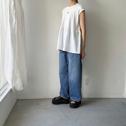 homspun  ワッフルノースリーブプルオーバー　ホワイト×ホワイト