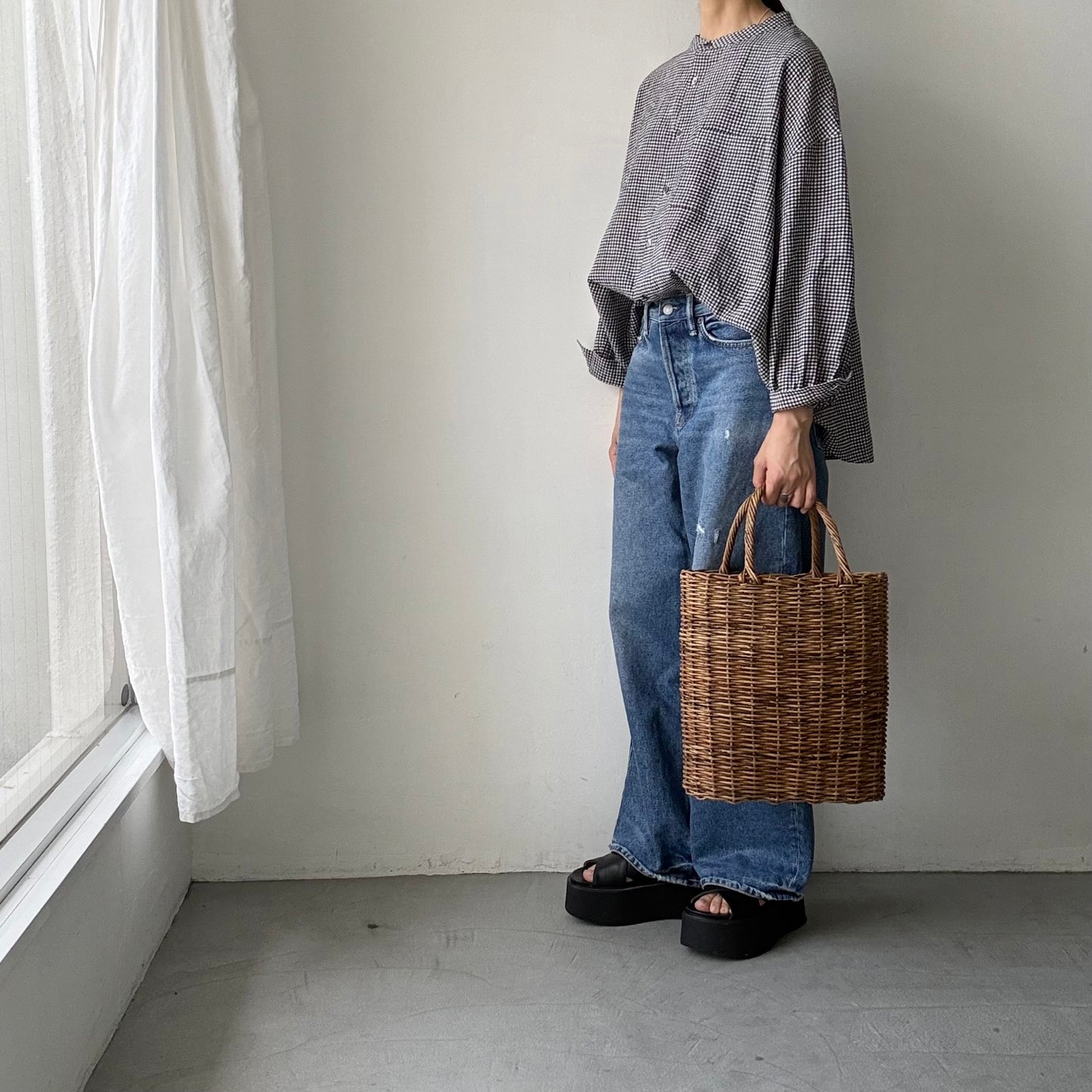 Linenya  リネンコットンギンガムバンドカラー長袖シャツ