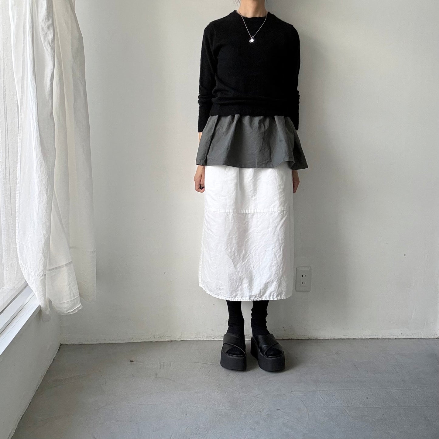 homspun  ワッフルノースリーブプルオーバー　トップグレー×グリーン