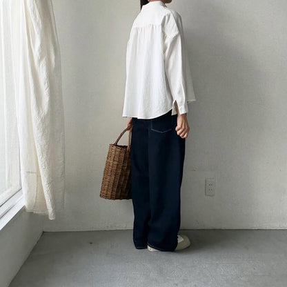 Linenya  コットン丸襟長袖ブラウス　ホワイト