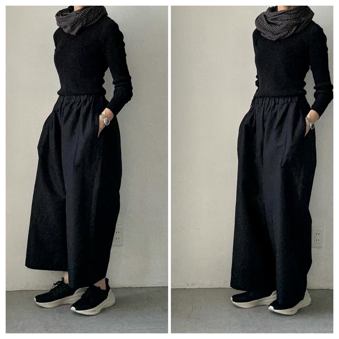 homspun ウールリネンギャザーワイドパンツ　ブラック