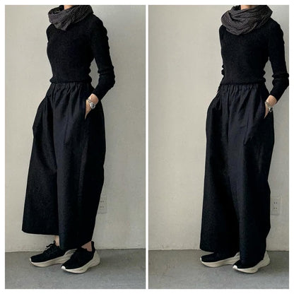 homspun ウールリネンギャザーワイドパンツ　ブラック