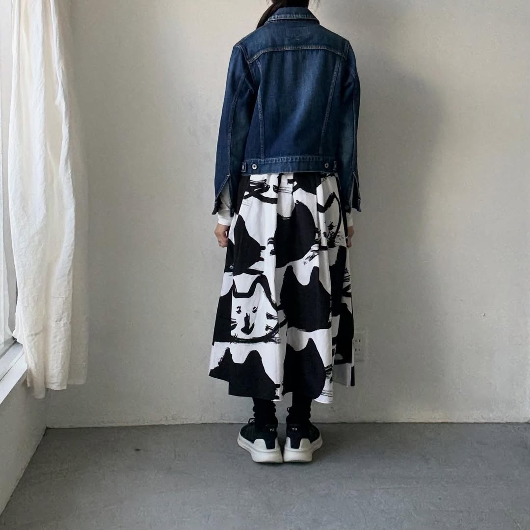 ayanoguchiaya　ネコ柄タックワイドスカート(blanc別注)