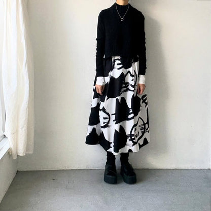 ayanoguchiaya　ネコ柄タックワイドスカート(blanc別注)