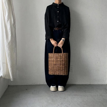 Linenya  コットン丸襟長袖ブラウス　ブラック