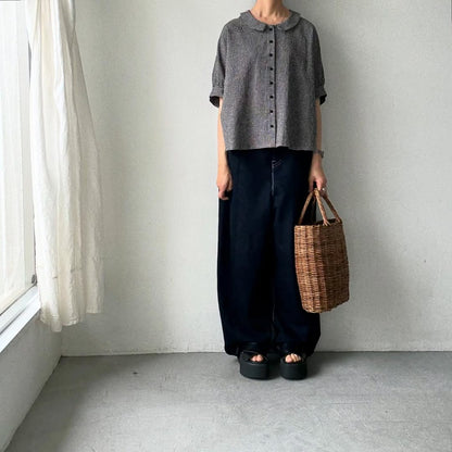 MAGALI リネンコットンギンガムフラットカラーブラウス