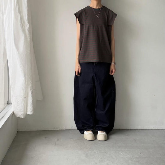 homspun  天竺ボーダーノースリーブプルオーバー　グリーン×ブラウン