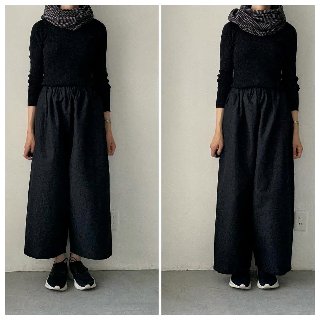 homspun ウールリネンギャザーワイドパンツ　ブラック