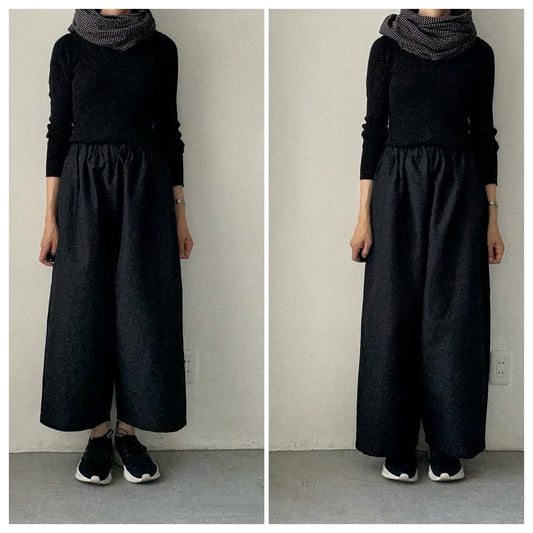 homspun ウールリネンギャザーワイドパンツ　ブラック
