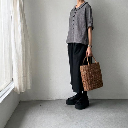 MAGALI リネンコットンギンガムフラットカラーブラウス