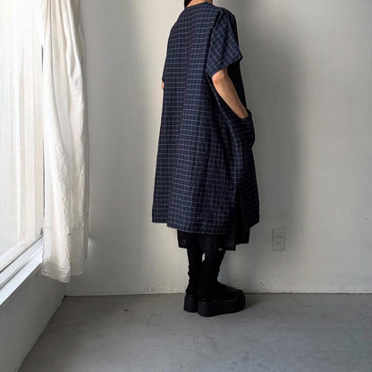 homspun コットンリネンチェックワンピース　ネイビーチェック