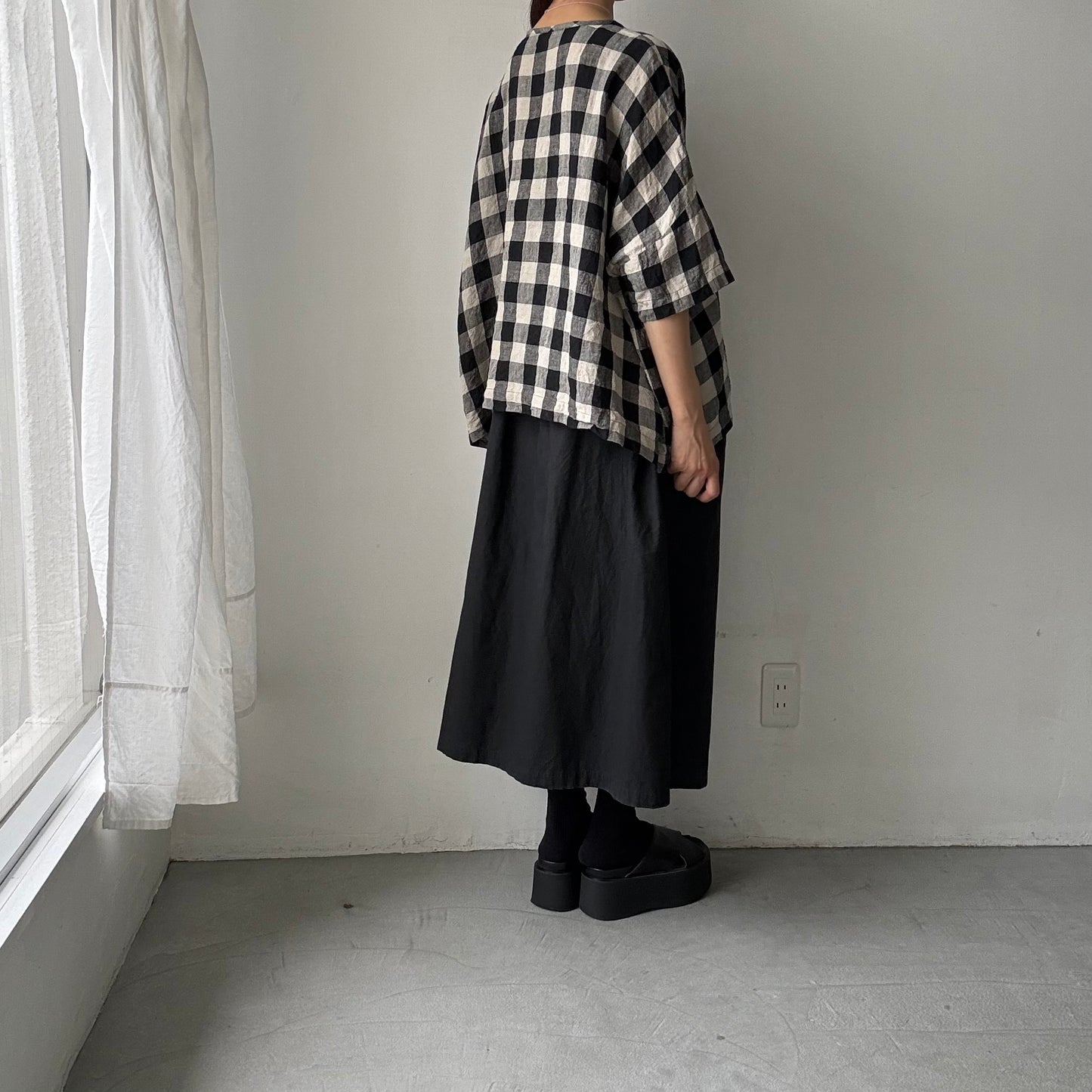 jujudhau ビッグチェックリネンワイドシャツ
