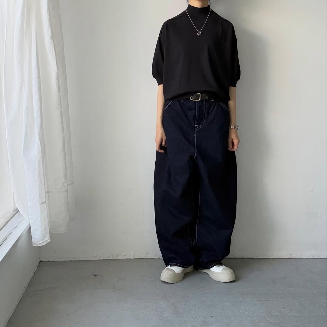 🟡木曜入荷分予約受付中🟡as it is   モックネックコットン5分袖ニット　ブラック　