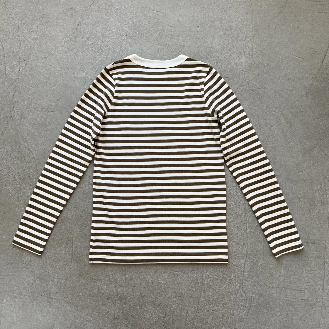 R&D.M.Co 裏起毛ボーダークルーネック長袖Tシャツ　ホワイト×カーキ