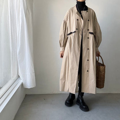 MAGALI コットンシルクストライプダブルボタンワンピース