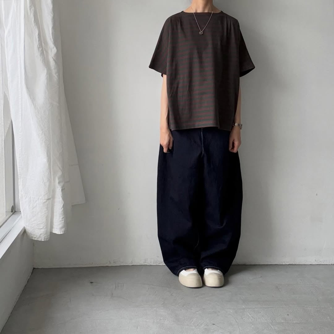 homspun  天竺ボーダー半袖プルオーバー　グリーン×ブラウン