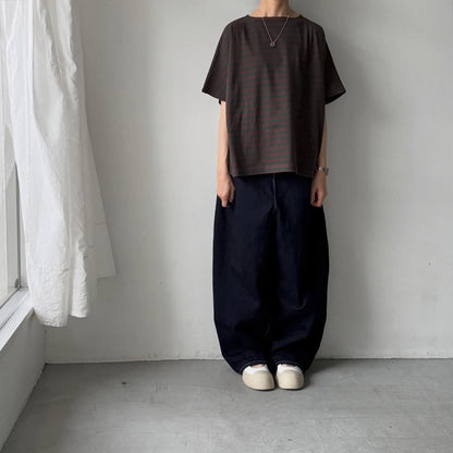 homspun  天竺ボーダー半袖プルオーバー　グリーン×ブラウン