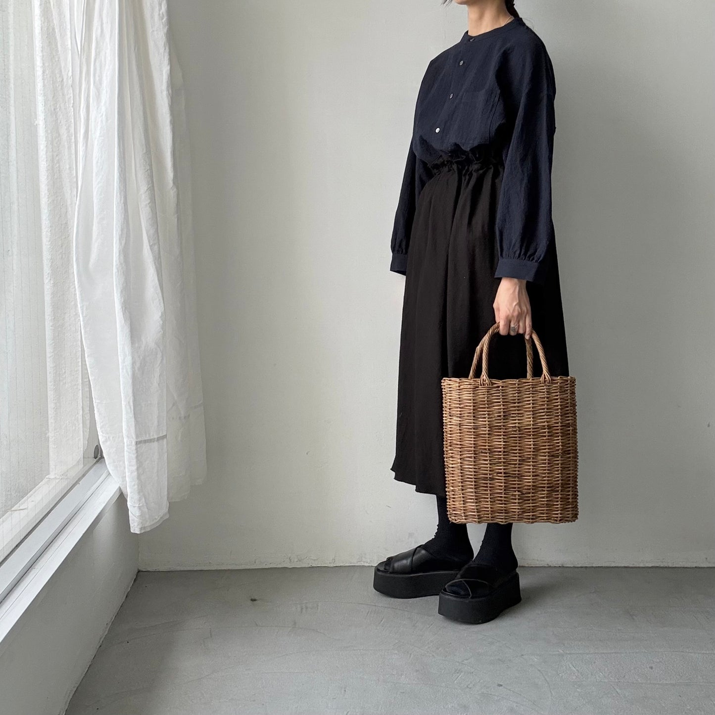 Linenya  リネンコットン千鳥格子バンドカラー長袖シャツ
