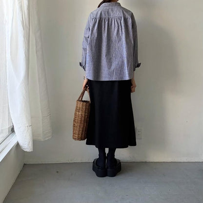 🟡週末入荷分予約受付中🟡Linenya  ギンガム丸襟長袖ブラウス　ホワイト×ブラック