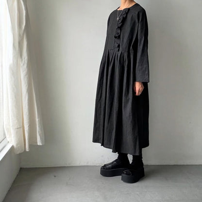 MAGALI 墨染めコットンリネンフリルワンピース