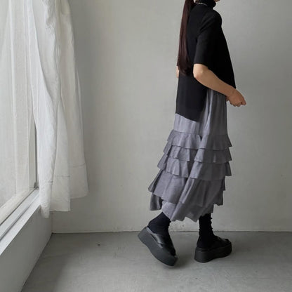 MAGALI コットンシルクブレイドティアードスカート　グレー