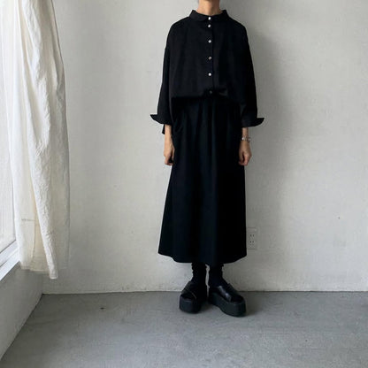 Linenya  コットン丸襟長袖ブラウス　ブラック