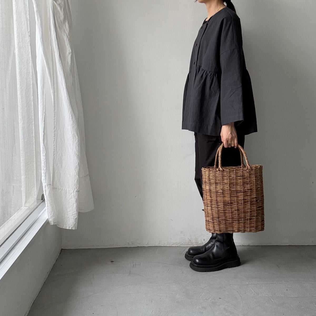 MAGALI  コットンリネンオーバーダイダブルボタンジャケット　チャコール