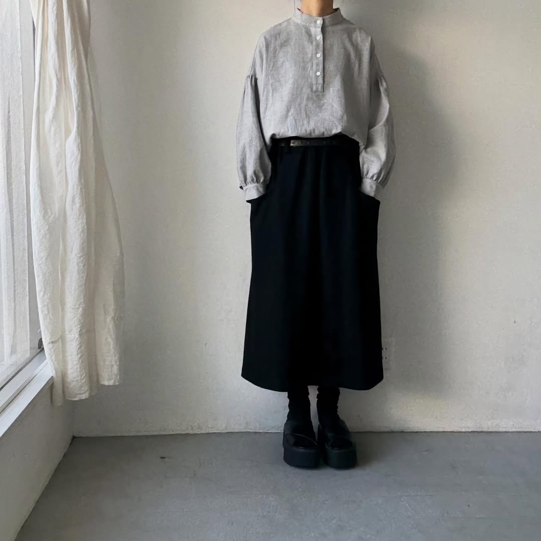 Linenya  コットンリネンウール長袖スタンドカラーブラウス