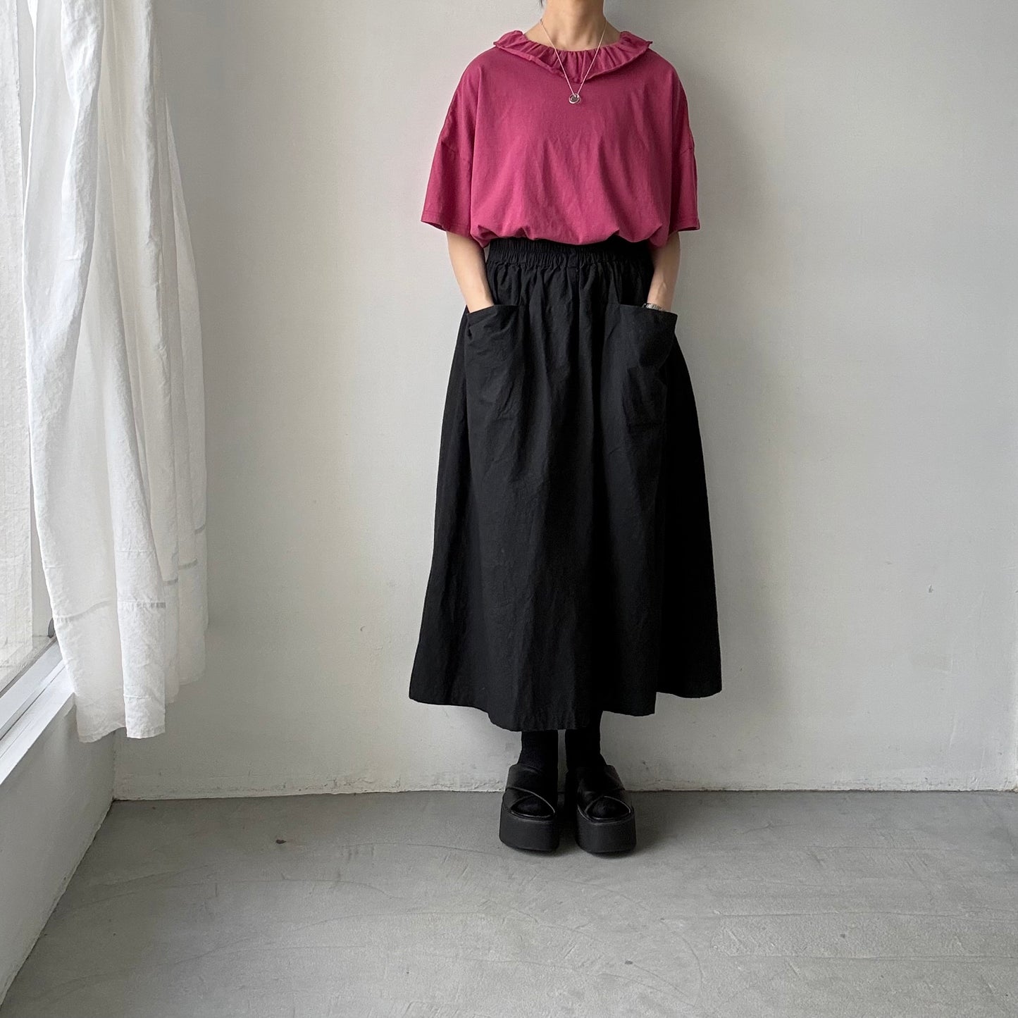 homspun 天竺フリルカラー半袖プルオーバー　ワイン