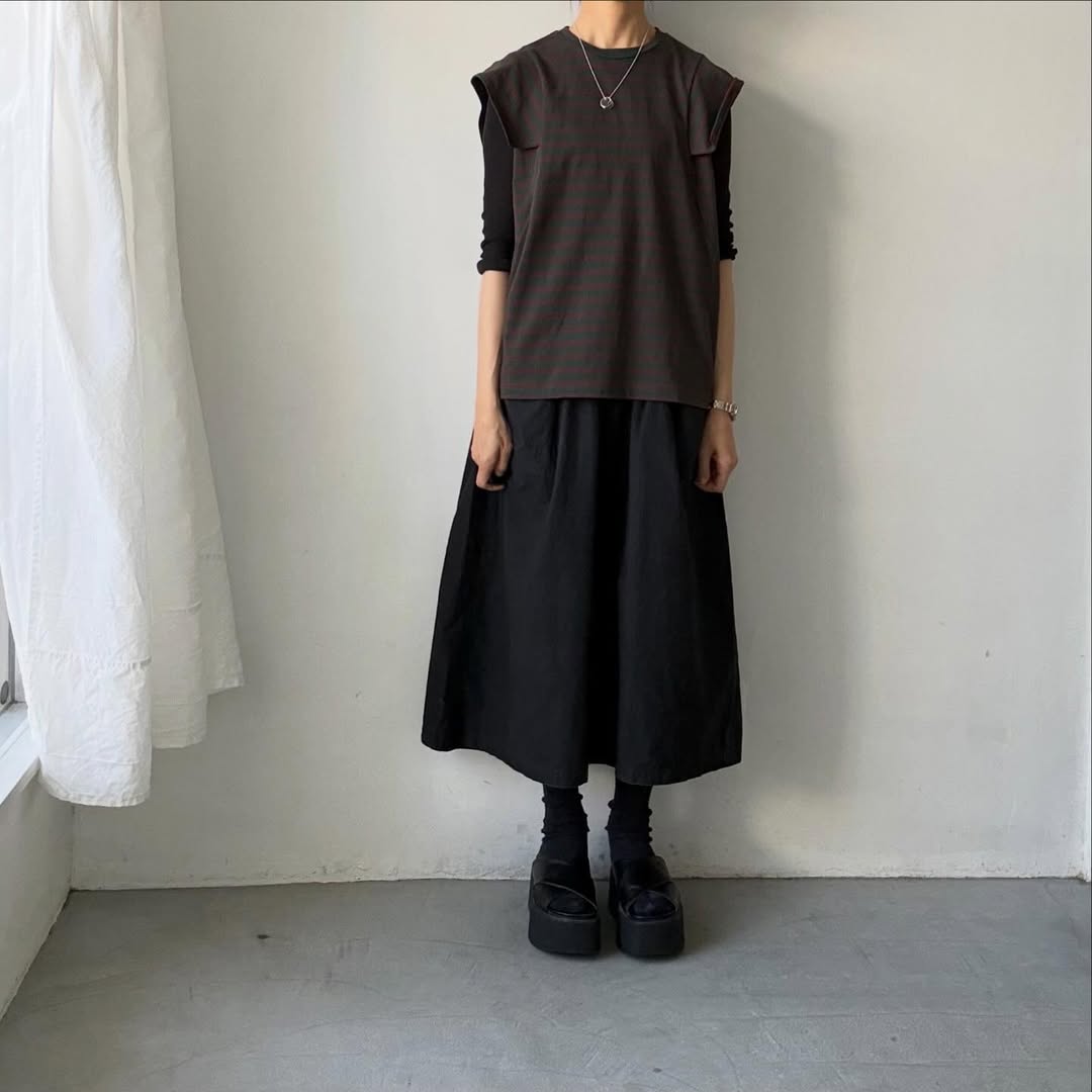 homspun  天竺ボーダーノースリーブプルオーバー　グリーン×ブラウン