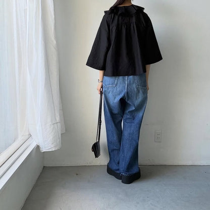 MAGALI コットンシルクブレイドフリルカラーブラウス　ブラック