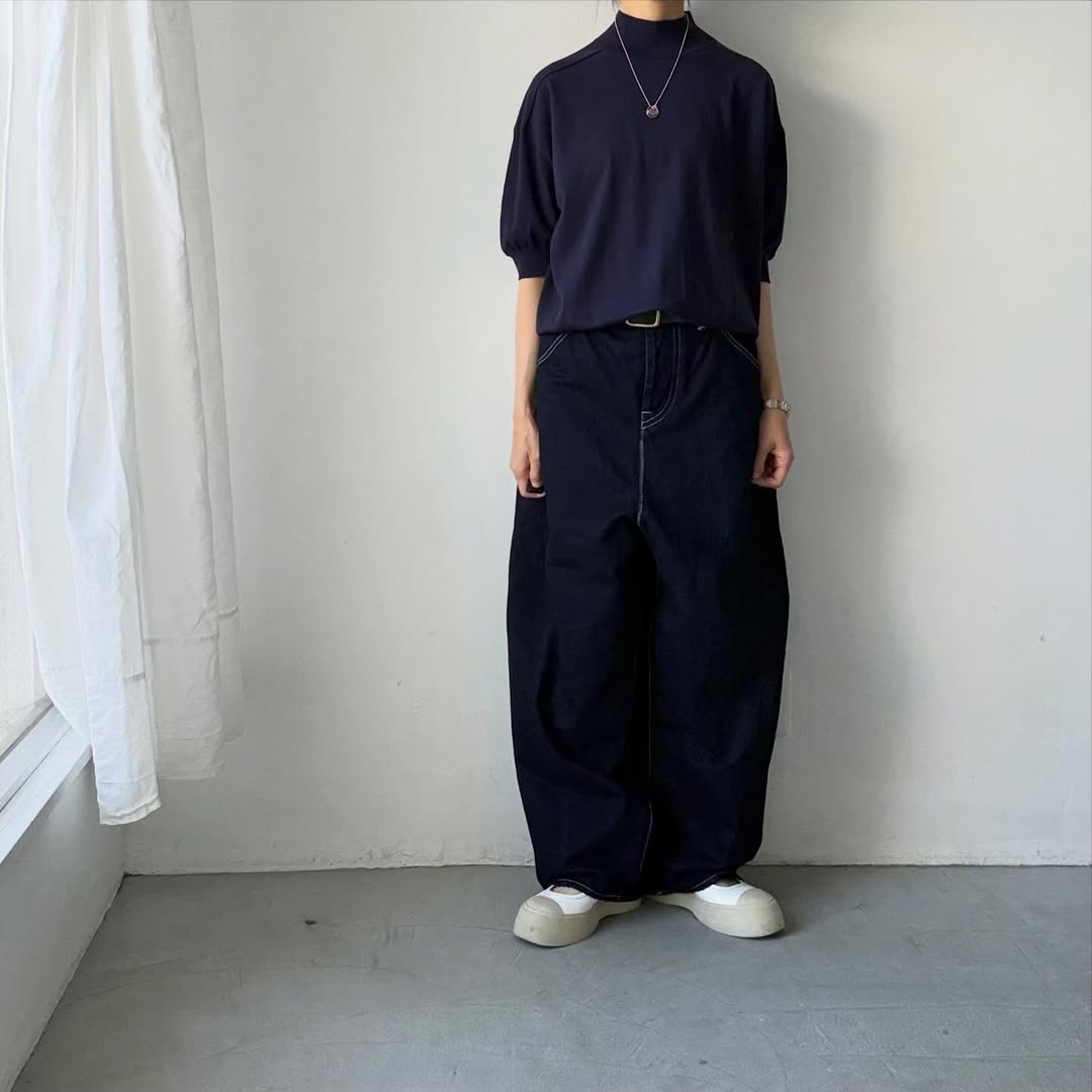 🟡木曜入荷分予約受付中🟡as it is   モックネックコットン5分袖ニット　ネイビー　