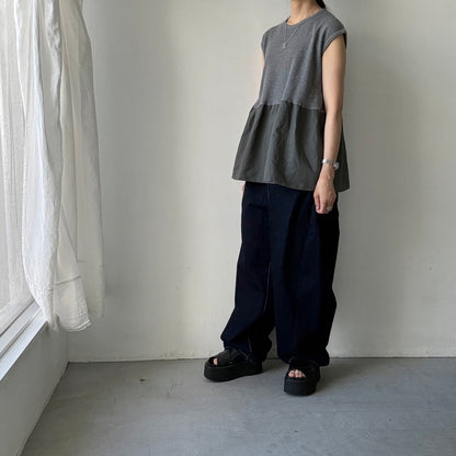 homspun  ワッフルノースリーブプルオーバー　トップグレー×グリーン