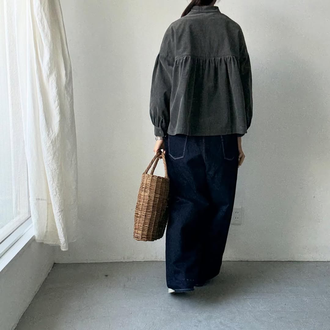 Linenya  長袖スタンドカラーブラウス　チャコール