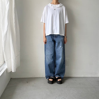 homspun 天竺フリルカラー半袖プルオーバー　ホワイト